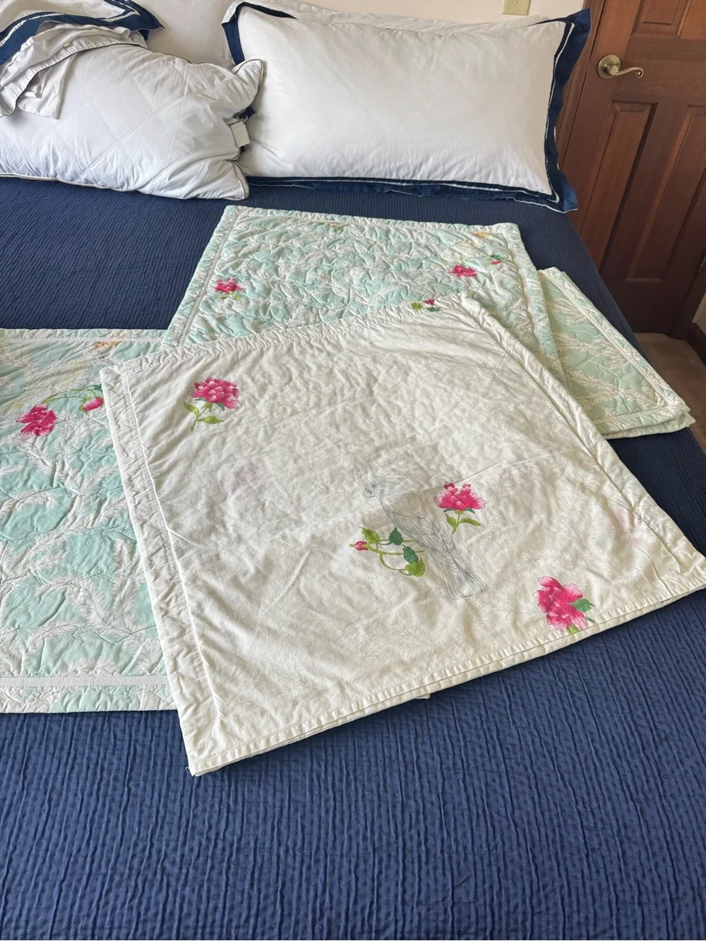 Yves Delorme Set Quilted Floral Parrot Pillow Sham Euro Boudoir French Cottage